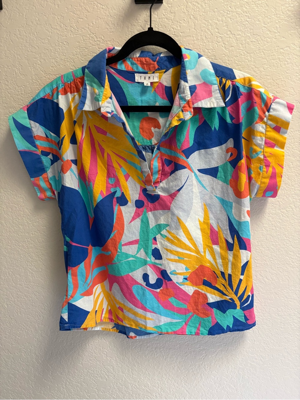 THML Multicolor Tropical Print Short Sleeve Polo - Blue, Yellow, Pink, Green